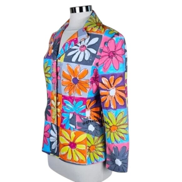 Moschino Jeans Vintage '90s Neon Daisy Print Cotton Blazer Jacket Size 10 - Picture 6 of 11